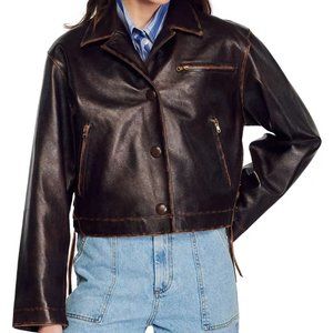 NWT (NEVER WORN!) Sandro Jude Distressed Brown Leather Jacket - Size FR38/US 4-6